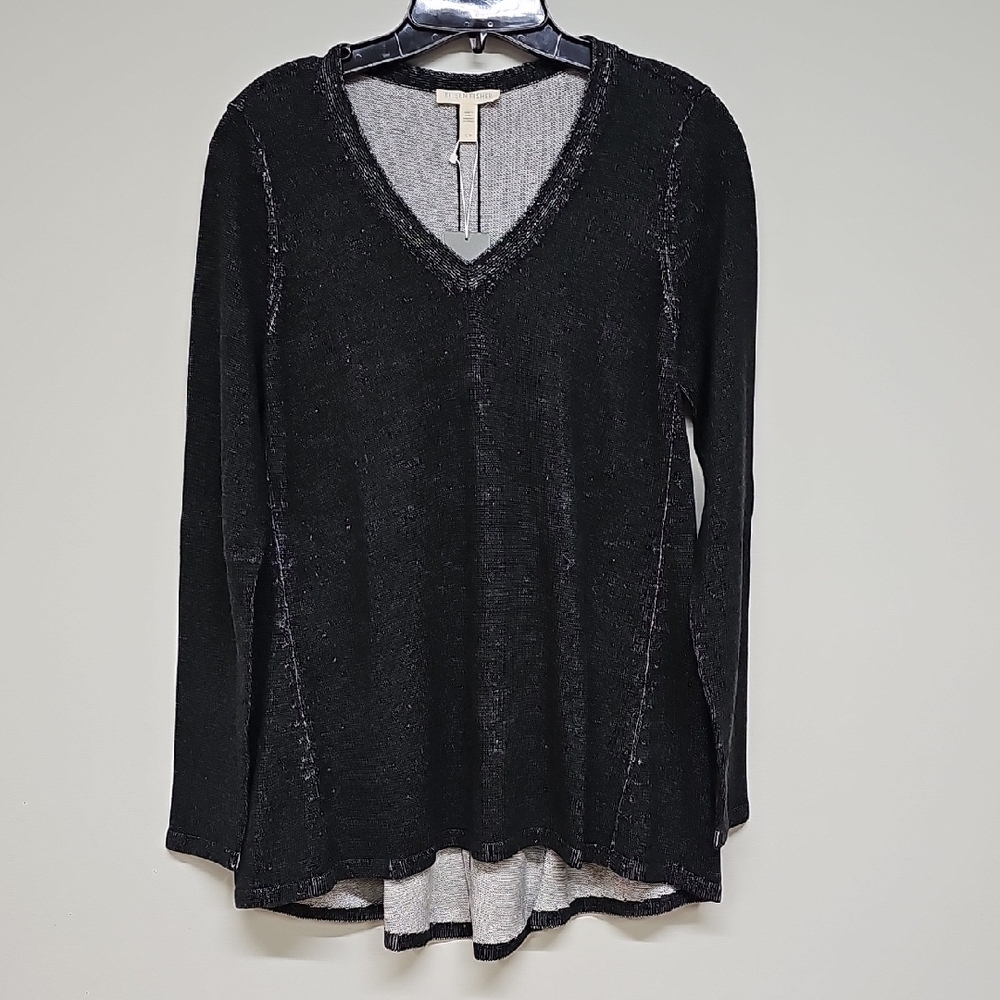 Eileen Fisher Long Sleeve Knit V-Neck Tunic, Cotton, Heather Black, Small, NEW